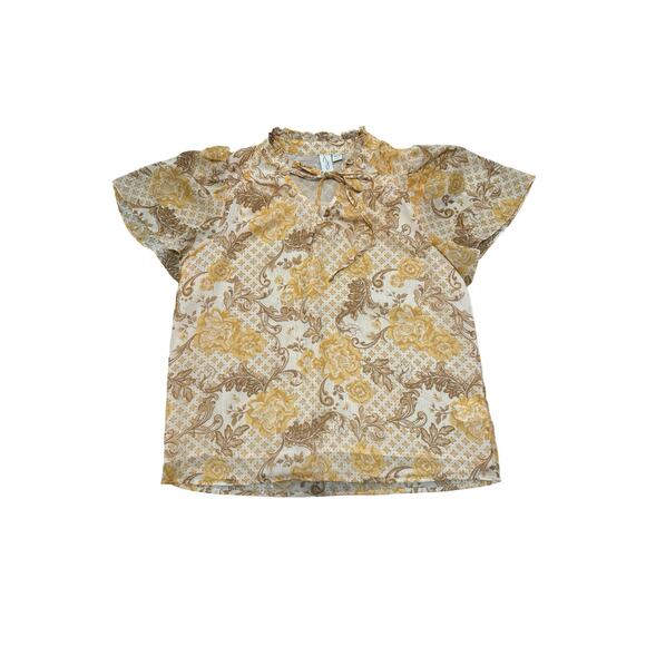 Joie Yellow Floral Metallic Ruffle Tie Neck Blouse Shimmer Size XS - Picture 1 of 5